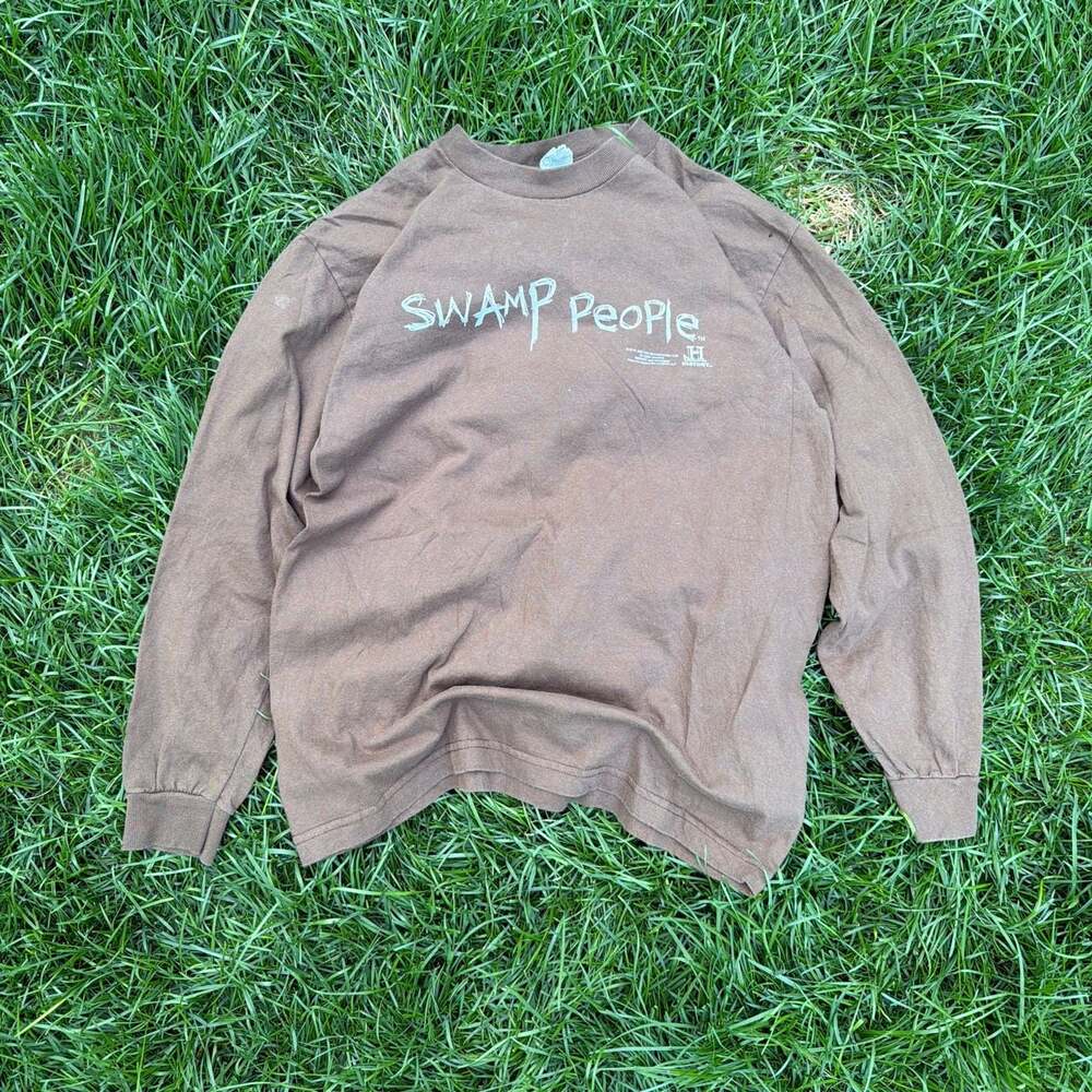 Vintage 2011 History Channel Swamp People Logo Long Sleeve T-Shirt Brown